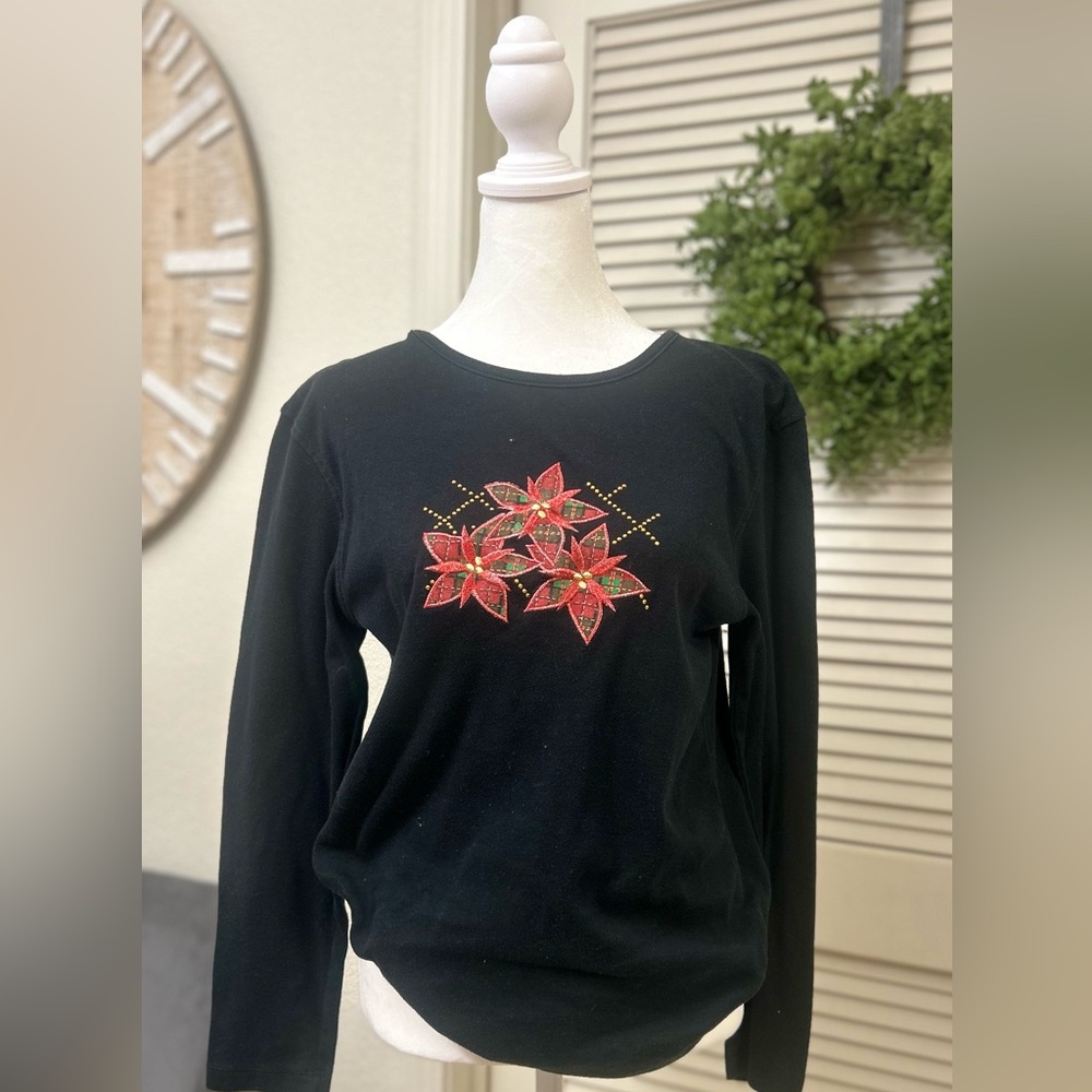 Black Women's Long-Sleeve Sweatshirt with Red Poinsettia Embellishment